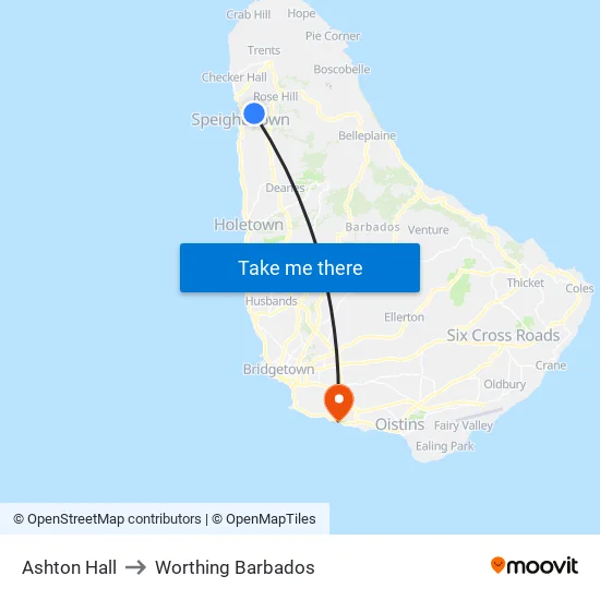 Ashton Hall to Worthing Barbados map