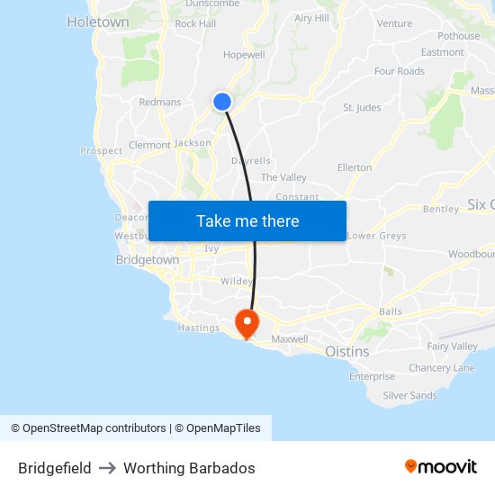 Bridgefield to Worthing Barbados map