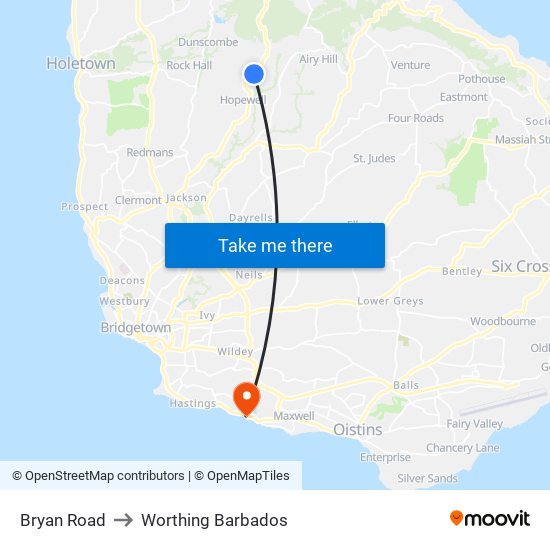 Bryan Road to Worthing Barbados map