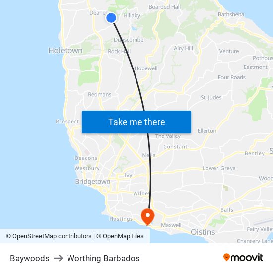 Baywoods to Worthing Barbados map