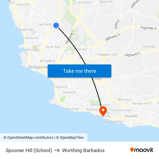 Spooner Hill (School) to Worthing Barbados map