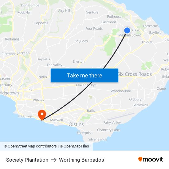 Society Plantation to Worthing Barbados map