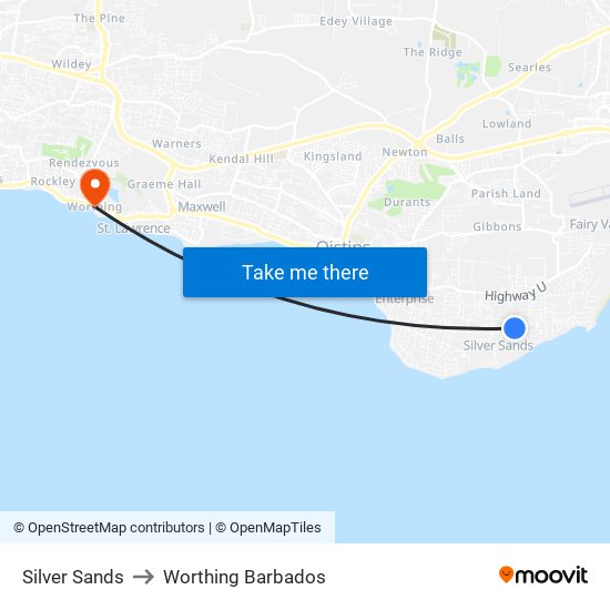 Silver Sands to Worthing Barbados map