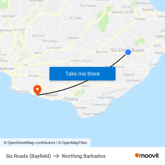 Six Roads (Bayfield) to Worthing Barbados map