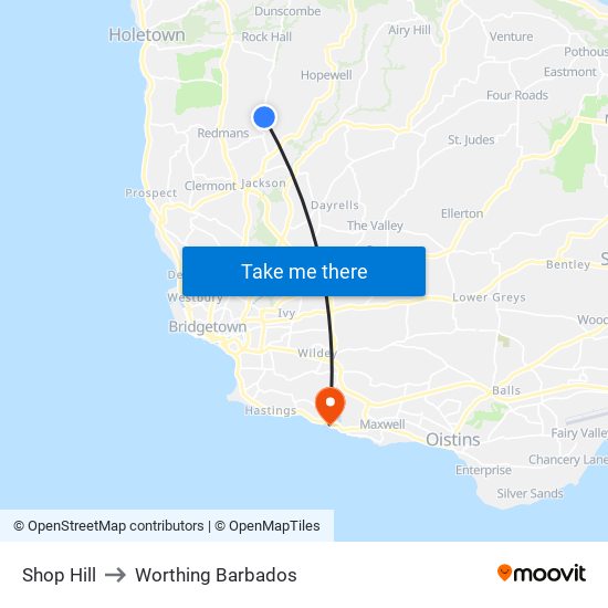 Shop Hill to Worthing Barbados map