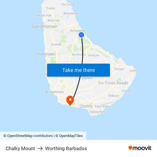 Chalky Mount to Worthing Barbados map