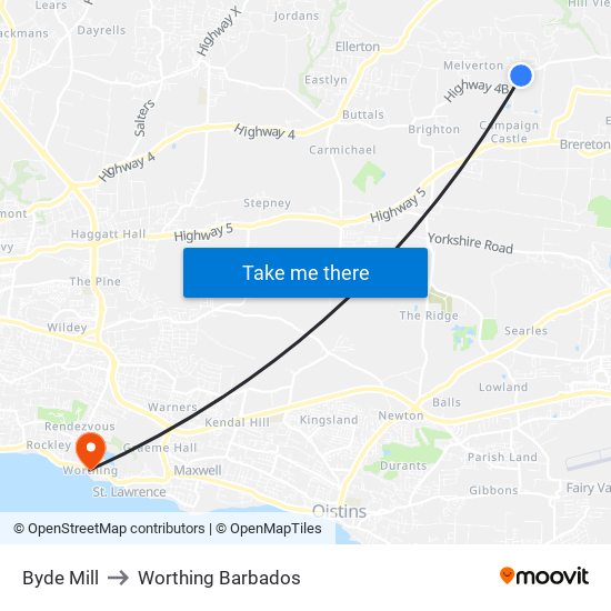 Byde Mill to Worthing Barbados map