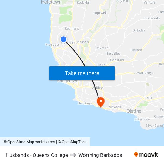 Husbands - Queens College to Worthing Barbados map