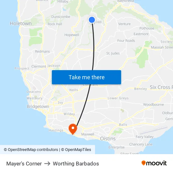 Mayer's Corner to Worthing Barbados map
