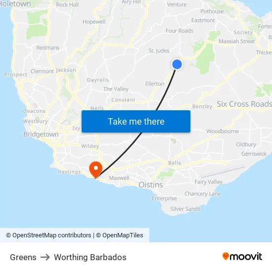 Greens to Worthing Barbados map