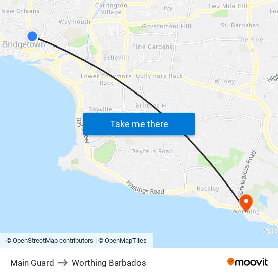 Main Guard to Worthing Barbados map