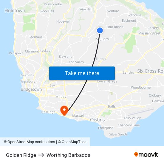 Golden Ridge to Worthing Barbados map