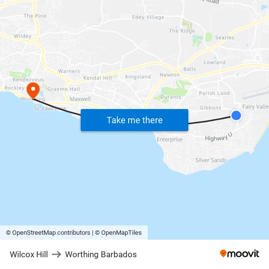 Wilcox Hill to Worthing Barbados map
