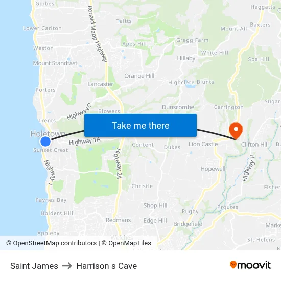 Saint James to Harrison s Cave map