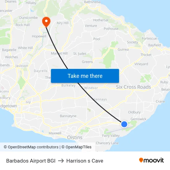 Barbados Airport BGI to Harrison s Cave map