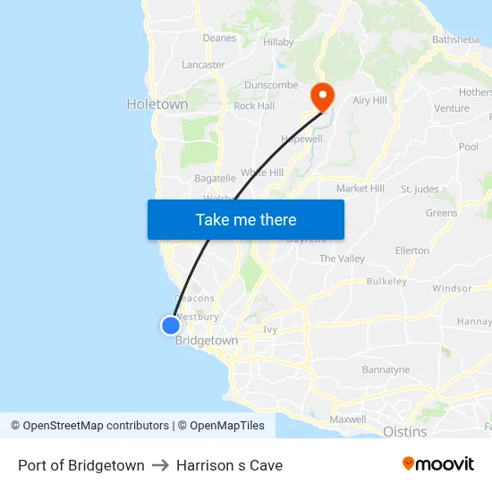 Port of Bridgetown to Harrison s Cave map