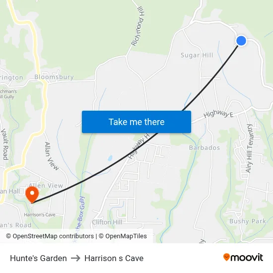 Hunte's Garden to Harrison s Cave map