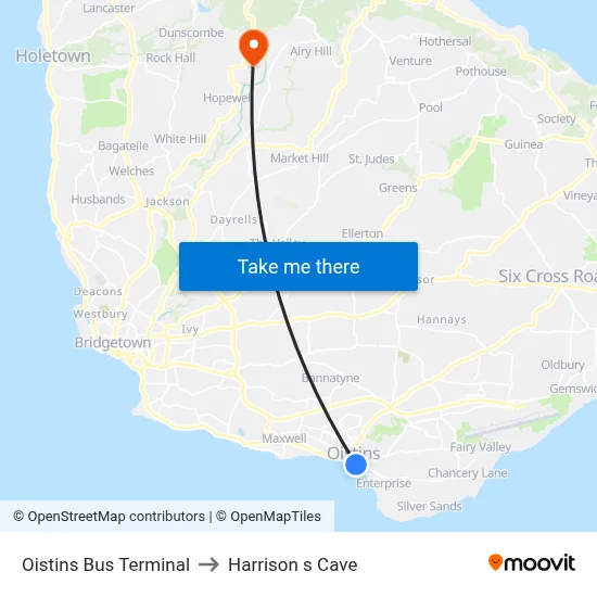 Oistins Bus Terminal to Harrison s Cave map