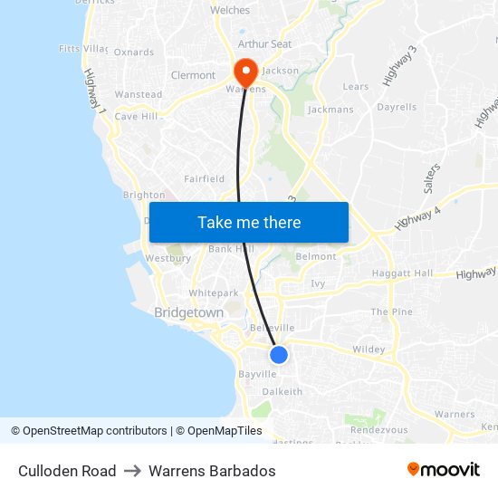 Culloden Road to Warrens Barbados map