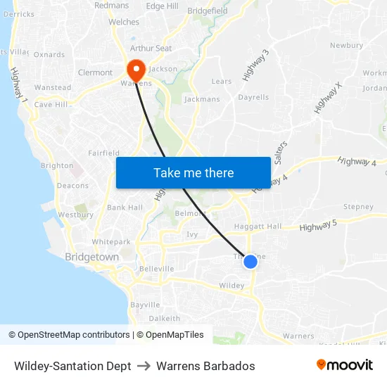 Wildey-Santation Dept to Warrens Barbados map