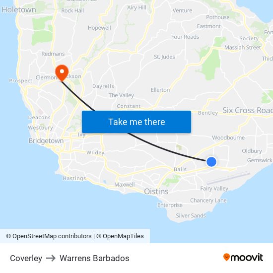 Coverley to Warrens Barbados map