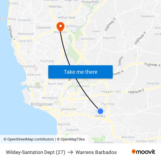 Wildey-Santation Dept (27) to Warrens Barbados map