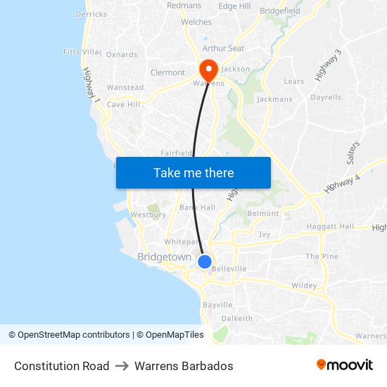 Constitution Road to Warrens Barbados map