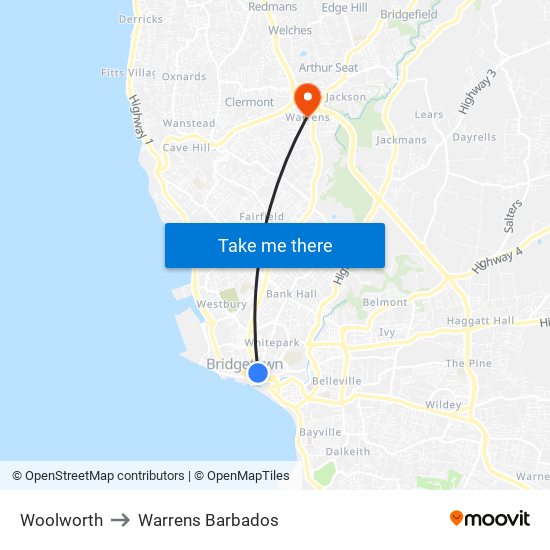 Woolworth to Warrens Barbados map