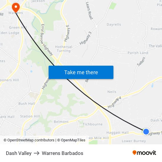 Dash Valley to Warrens Barbados map