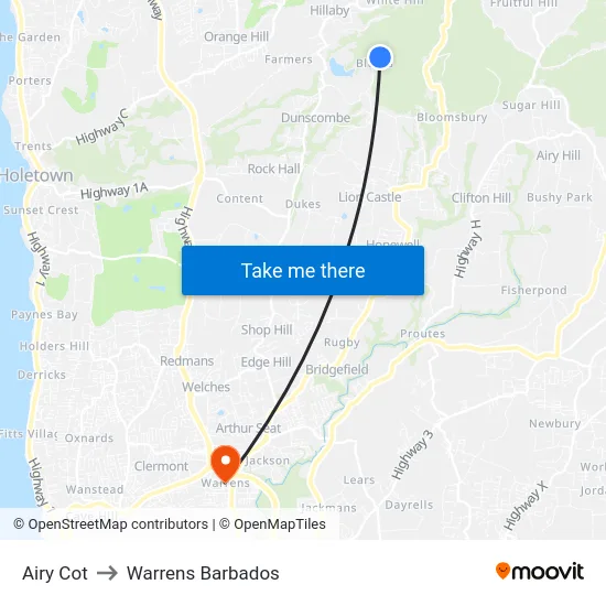 Airy Cot to Warrens Barbados map