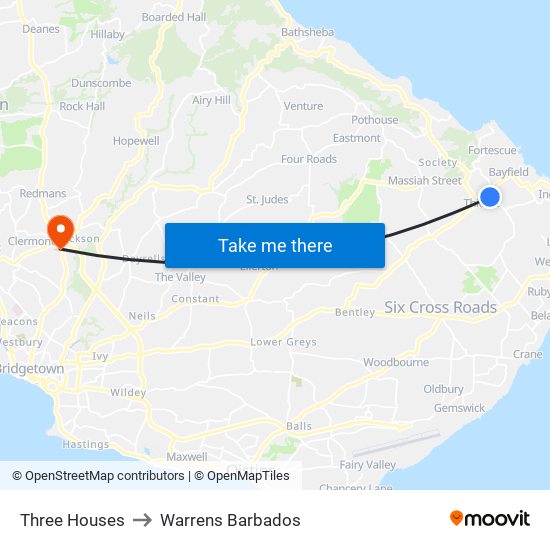 Three Houses to Warrens Barbados map