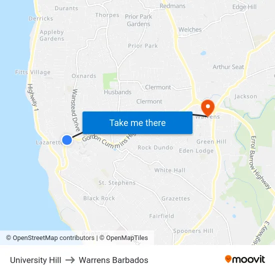 University Hill to Warrens Barbados map