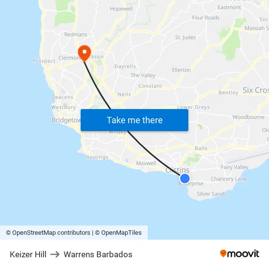 Keizer Hill to Warrens Barbados map