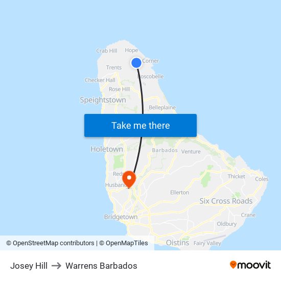 Josey Hill to Warrens Barbados map