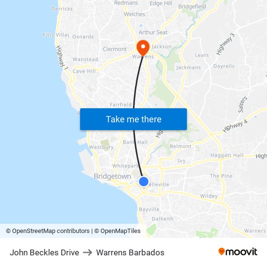 John Beckles Drive to Warrens Barbados map