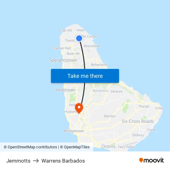 Jemmotts to Warrens Barbados map