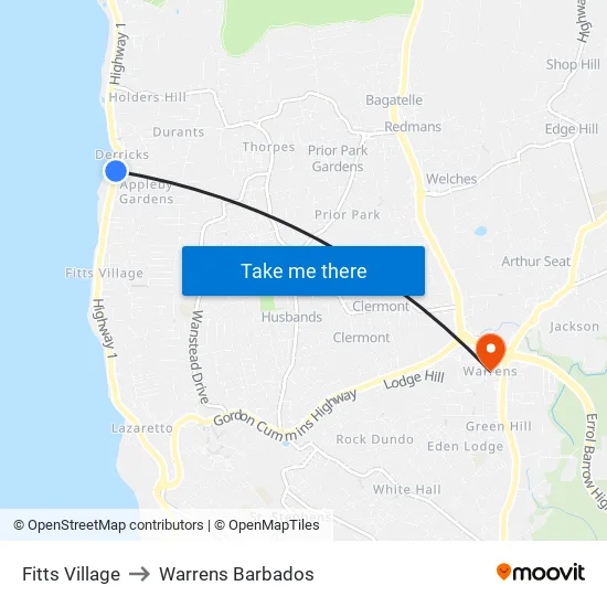 Fitts Village to Warrens Barbados map