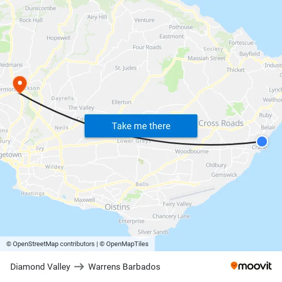 Diamond Valley to Warrens Barbados map