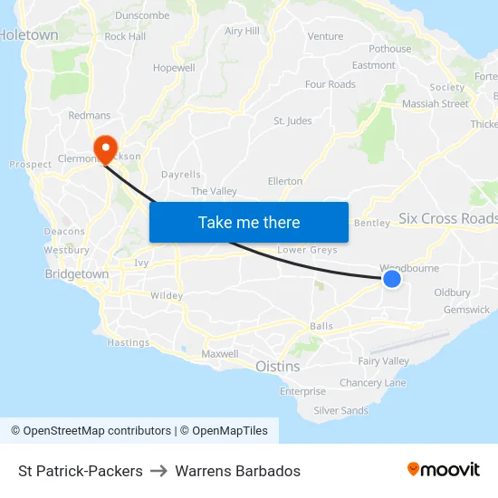 St Patrick-Packers to Warrens Barbados map