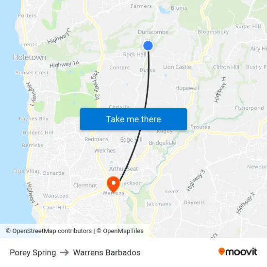 Porey Spring to Warrens Barbados map