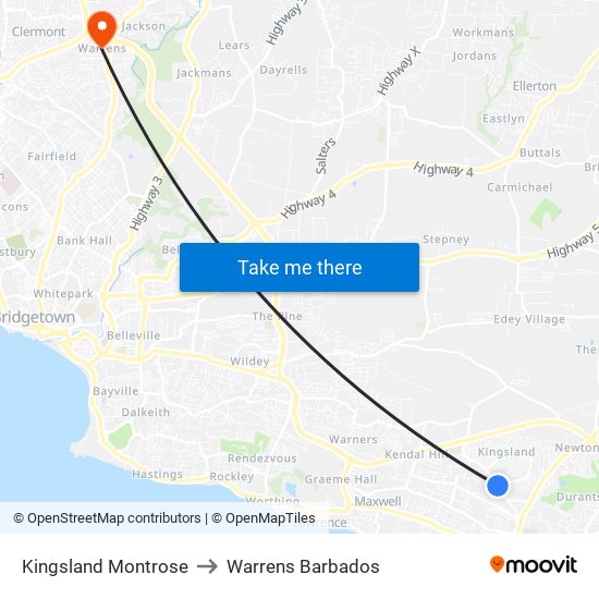 Kingsland Montrose to Warrens Barbados map