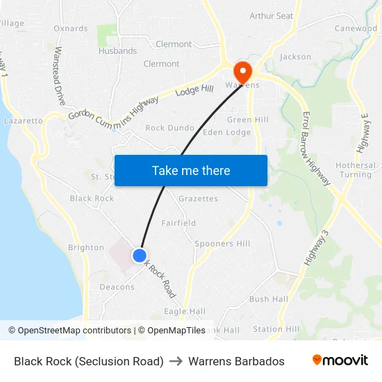 Black Rock (Seclusion Road) to Warrens Barbados map