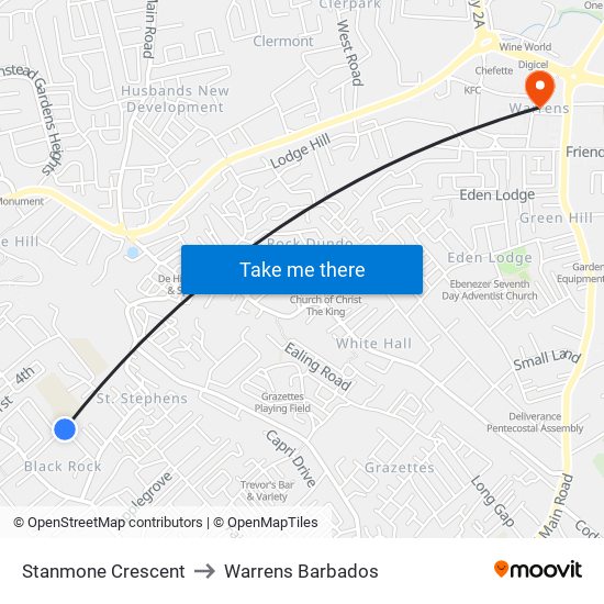 Stanmone Crescent to Warrens Barbados map