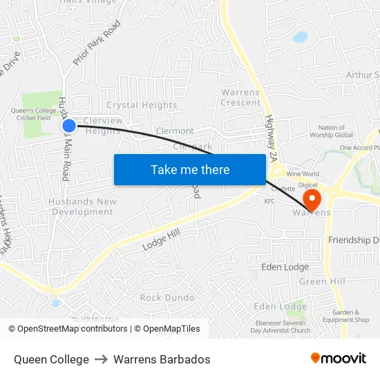 Queen College to Warrens Barbados map