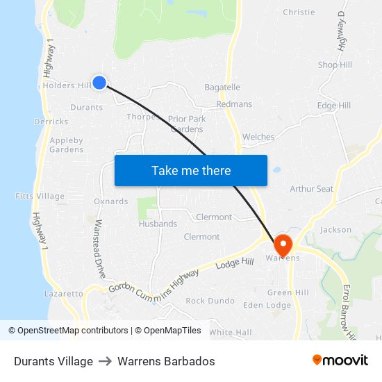 Durants Village to Warrens Barbados map