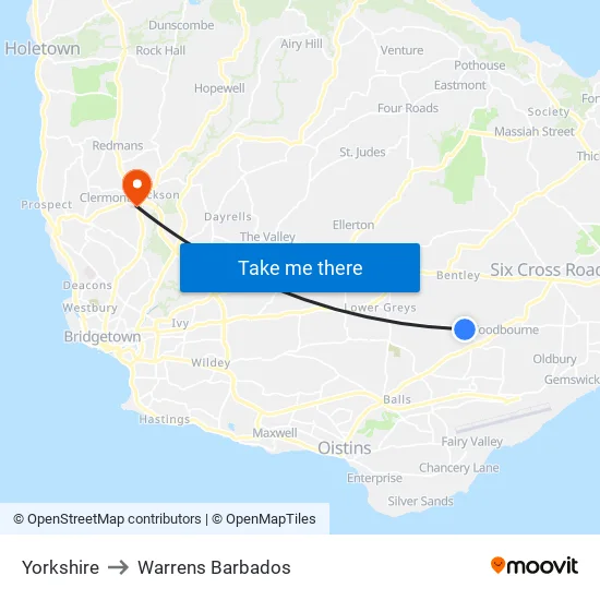 Yorkshire to Warrens Barbados map