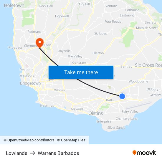 Lowlands to Warrens Barbados map