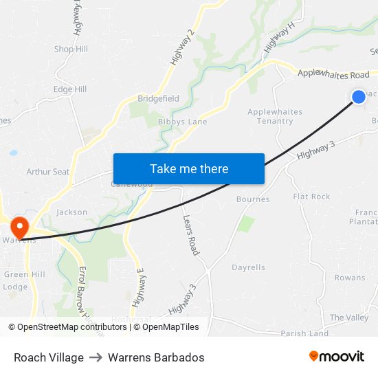 Roach Village to Warrens Barbados map