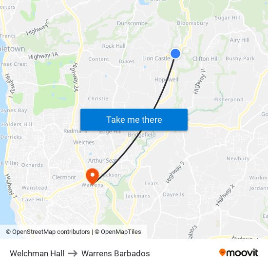 Welchman Hall to Warrens Barbados map