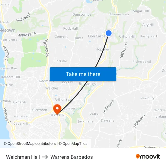 Welchman Hall to Warrens Barbados map